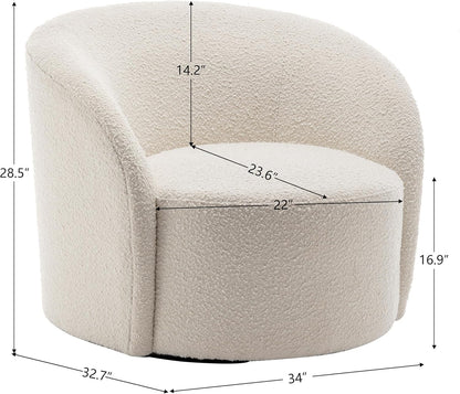 KINWELL Sherpa Swivel Barrel Chair & Round Ball Pillow Set - 34" Wide Modern Boucle Accent Chair with 9” Matching Nordic Decorative Throw Pillow for Living Room and Bedroom(Cream)