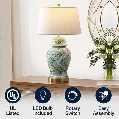JONATHAN Y 29.5" Green/White Ceramic Table Lamp for Living Room and Office, White Linen Drum Shade, Traditional Chinoiserie Ginger Jar Lamp, LED Bulb Included (JYL3008D)