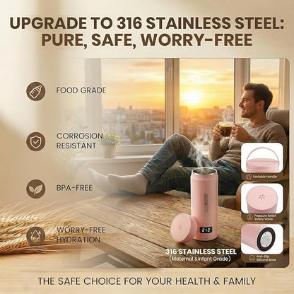 Pink Portable Electric Kettle forTravel, Small Hot Water Kettle with NTC Temperature Control and Auto Shut-Off, 316 Stainless Steel, Green 110V & 15oz
