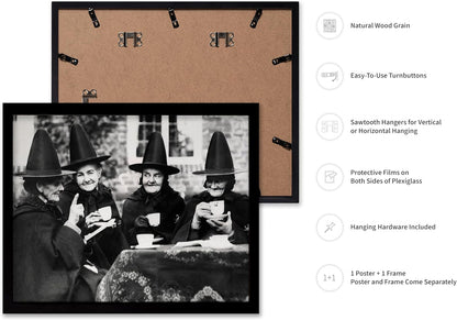 Poster Master Classic Photograph Poster - Vintage Halloween Print - Gift for Artist, Friend - Witches Tea Party, Old Women Smiling, Wearing Robes - Wall Decor for Living Room, 11x14 Black Framed