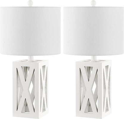JONATHAN Y 21.5" White Farmhouse Wood Table Lamp for Bedside and Living Room, White Linen Drum Shade, Rustic Modern Desk Lamp for Bedroom, LED Bulb Included (JYL1062B-SET2)