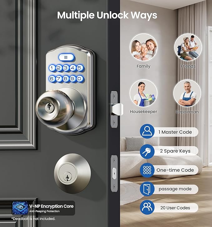 Veise Keypad Door Knob Lock, Keyless Entry Digital Lock with Handle, Electronic Smart Knob for Front Door & Bedroom, Easy Install, Auto Lock, Passage Mode, Anti-Peeping Password, Satin Nickel