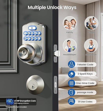 Veise Keypad Door Knob Lock, Keyless Entry Digital Lock with Handle, Electronic Smart Knob for Front Door & Bedroom, Easy Install, Auto Lock, Passage Mode, Anti-Peeping Password, Satin Nickel