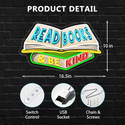 SELICOR Read Books & Be Kind Neon Signs for Wall Decor-Teacher Appreciation Gift,Adjustable LED Book Neon Light Up Sign for Reading Room Study Room Classroom Bookstore Library Museum Cafe Bedroom