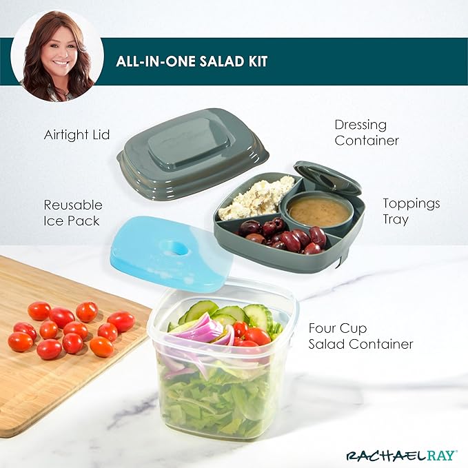 Rachael Ray Salad Container For Lunch, Salad Lunch Container For Adults, Salad Bowl Kit With Compartments For Salad Dressing & Toppings, Includes Ice Pack