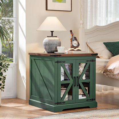 24" End Table Set of 2 with Charging Station, Farmhouse Night Stand with Glass Barn Door, Nightstands with Adjustable Storage Shelf, Large Wood Square Bed Side Table for Living Room, Bedroom