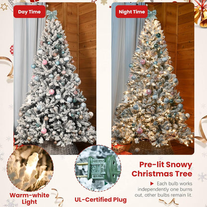 5ft Pre-lit Flocked Christmas Tree, Artificial Christmas Tree with Lights, Snow Frosted Christmas Trees Pre-lit with Pine Cones & 300 UL Lights, 600 Tips, Hinged Easy Setup Xmas Tree