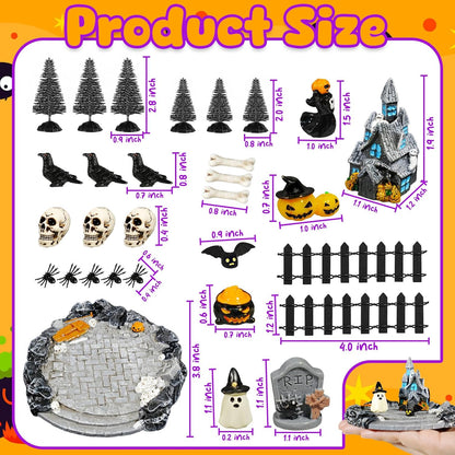 Hiawbon 30PCS Halloween Mini Village Set, Village Ornaments Miniature Decorations, Resin Miniature Spider Coffin Spiders Pine Trees Fence for Halloween Decor