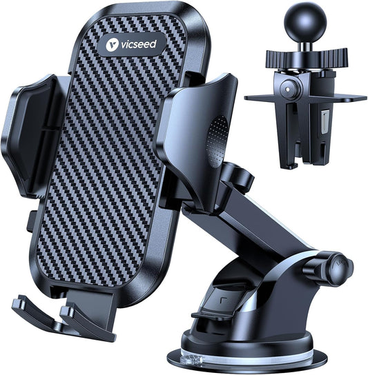 VICSEED Strong Suction Car Phone Holder [Ultra-Stable for Heavy Phones & Thick Cases] 3-in-1 Dashboard Windshield Vent Cellphone Mount, Military-Grade Truck Boat Cradle Universal for iPhone & Android