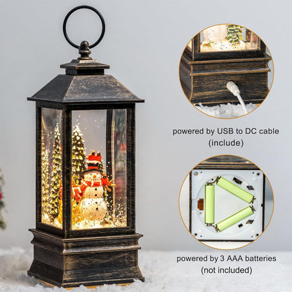 Christmas Snow Globes (11 Inch, Square-Snowman), Black Brush Gold