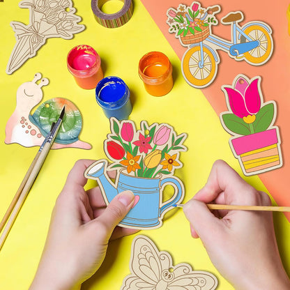 36 PCS Wooden Spring Ornaments to Paint, 12 Styles DIY Blank Unfinished Wood Flower Cutouts Butterfly Ornament for Crafts Hanging Decorations, Cute Bee Flower Shape Home Decorations Gifts