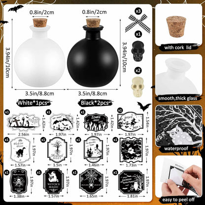 Tessco for you 3 Set Halloween Potion Bottles with Cork - Spherical Apothecary Glass Jars, 20 Gothic Labels(Ghost/Bat/Witch), Tiered Tray Decoration for Farmhouse Table, Home Indoor Halloween