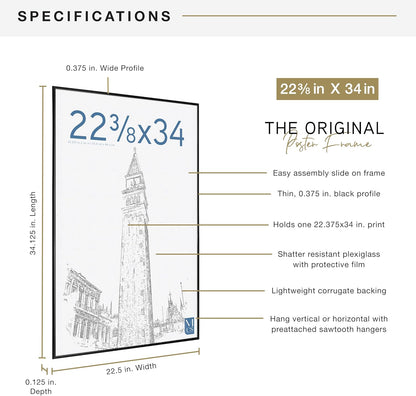 MCS Original Poster Frame 22.375x34 Black Lightweight Vertical & Horizontal Wall Hanging Large Picture Frame for Posters, Art Prints & Gallery Wall (1-Pack)