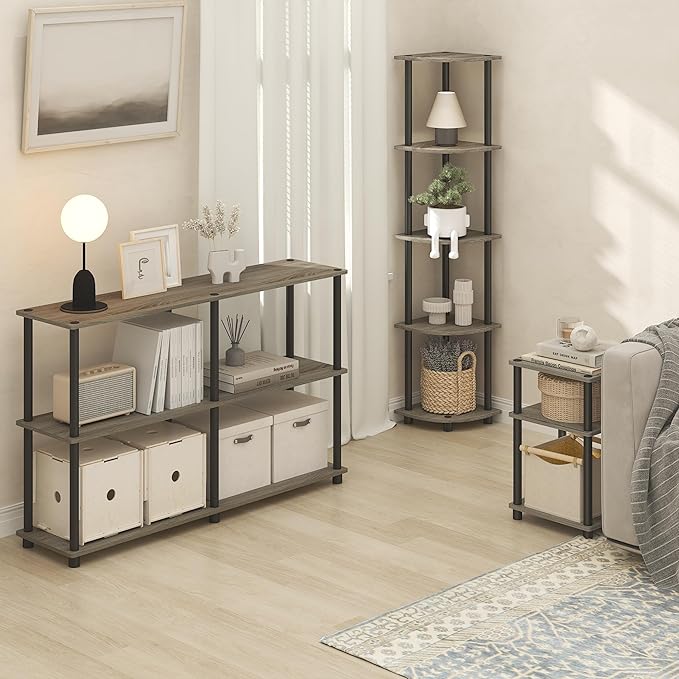 Furinno Turn-N-Tube Side Table, 3-Tier End Table with Open Shelf, Toolless Assembly Night Stand, Bedside Table, for Living Room, Bedroom, Grey Oak