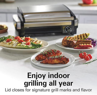 Hamilton Beach Electric Indoor Searing Grill with Adjustable Temperature Control to 450F, 118 sq. in. Surface Serves 6, PFAS-Free Removable Nonstick Grate, Stainless Steel (25360)