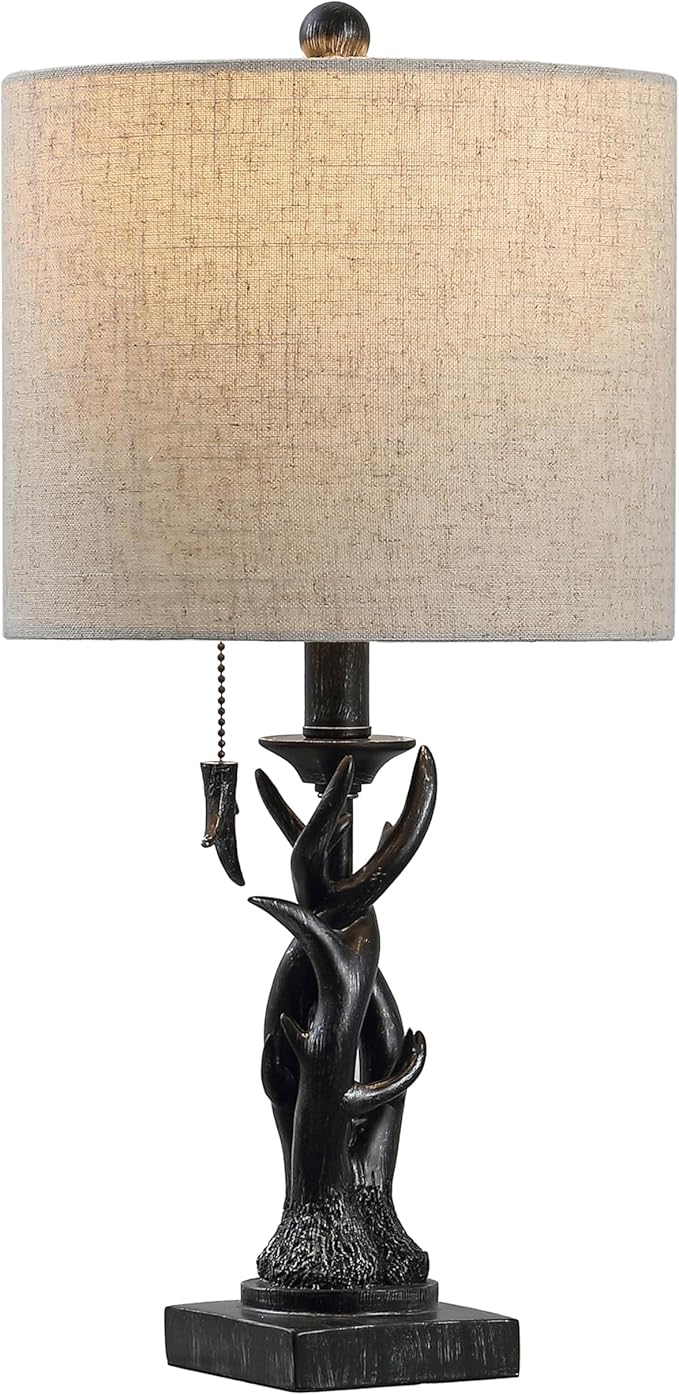 JONATHAN Y 20.5" Antique Black Rustic Antler Table Lamp for Bedroom Farmhouse Decor, Mini Faux Antler Desk Lamp with Gray Linen Shade, Lodge Cabin Nightstand Lamp, LED Bulb (JYL1031B)