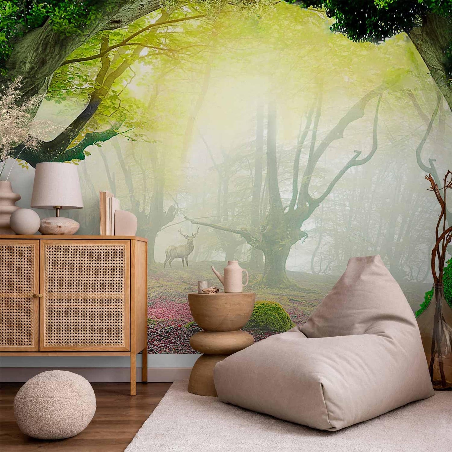 artgeist Wall Mural Peel and Stick Nature 212x98 in - XXL Self-Adhesive Corner Wallpaper Removable Large Sticker Foil Angle Wallpaper Wall Forest Trees Deer n-A-10067-a-a