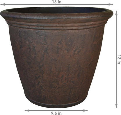 Sunnydaze 15.25-Inch Anjelica Large Plastic Pot for Plants - Outdoor Polyresin Round Planter with Drillable Drainage Holes - Rust - 4pk