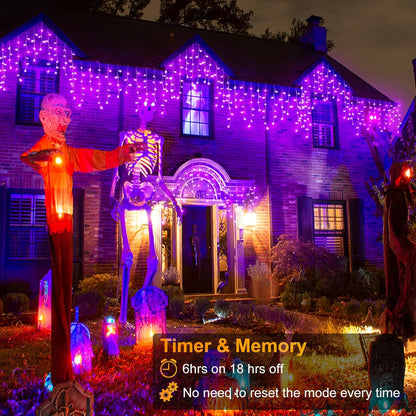 66ft Purple Halloween Lights Outdoor Indoor, 640 LED Icicle Lights for Outside Twinkle Christmas Lights with 120 Drops Clear Wire Timer 8 Modes for House Party Tree Yard Patio Eaves Holiday Decoration