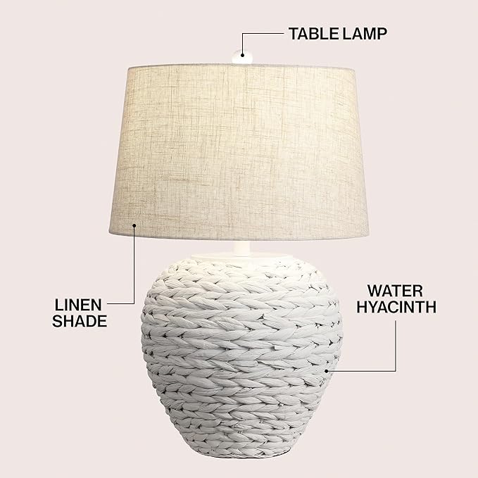 JONATHAN Y 24.5" White Water Hyacinth Farmhouse Basket Table Lamp, Coastal Decor for Living Room Bedroom Nightstand, Light Gray Linen Shade, LED Bulb Included (JYL6501C)