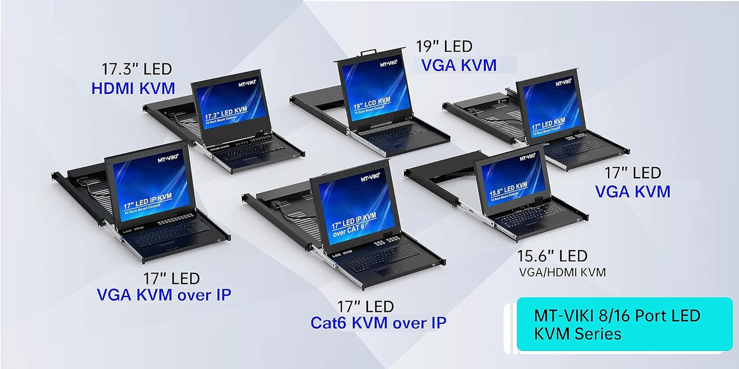 MT-VIKI 16 Port VGA KVM Console, 1U Rack Mount KVM Console w/15.6'' LCD Monitor, 1080P All-in-ONE LCD KVM Console Integrated Touchpad+Keyboard+Drawer+16 KVM Cables