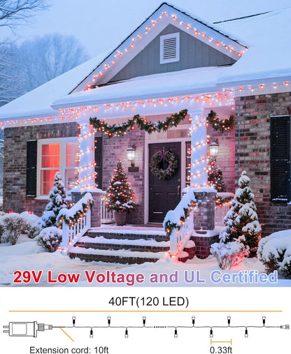 Christmas Lights Outdoor 40FT 120 LED, Green Wire Christmas Tree Lights Waterproof, 8 Modes & Timer, Connectable String Light for Indoor Bedroom Yard Patio Party Xmas Decorations, Red White