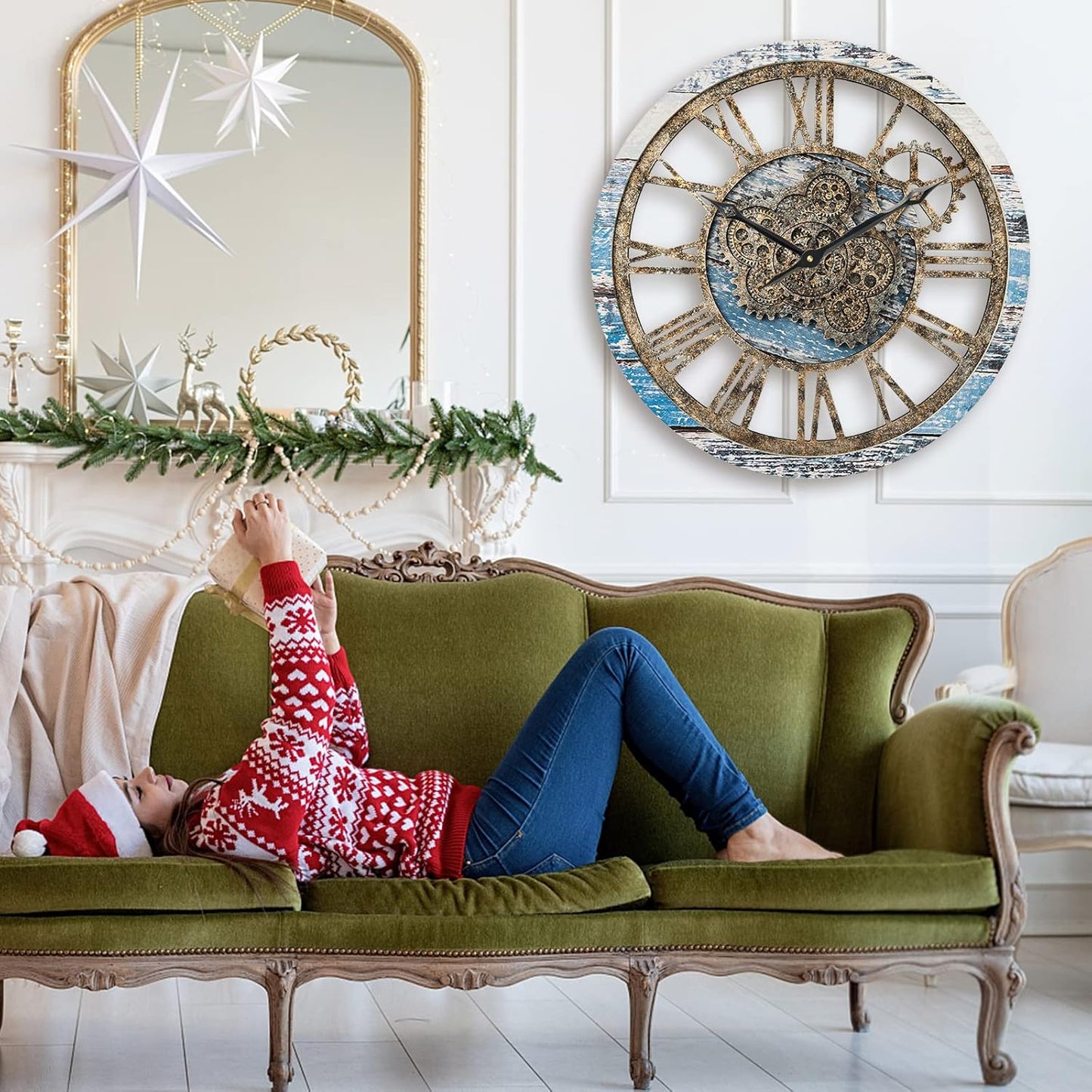 HOIBAI Large Wall Clock, Wall Clocks for Living Room Decor 20 Inch Farmhouse Vintage Rustic Kitchen Wall Decor Vintage Roman Oversized Wall Clock for Home Bedroom House Office, Moving Gears Clock