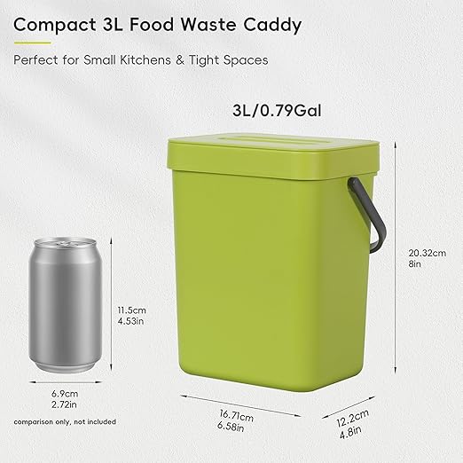EKO Puro Mini Wall-Mounted Kitchen Trash Can with Lid Food Waste Caddy, 0.79 Gal / 3L (Green)