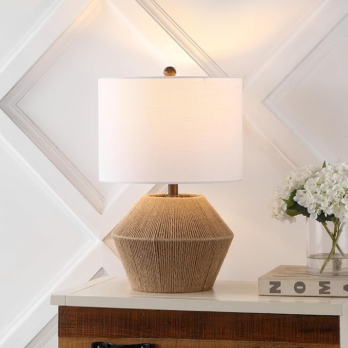 JONATHAN Y 21.75" Brown Rope Coastal Rustic Table Lamp, Farmhouse Iron Lamp with White Linen Drum Shade for Living Room Bedroom Nightstand, LED Bulb Included JYL4049A