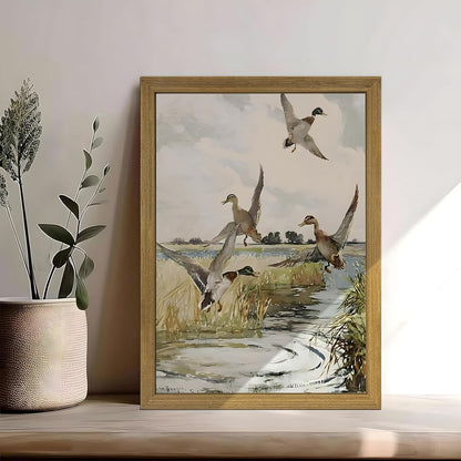 Framed Vintage Duck Wall Art Print, Rustic Mallard Watercolor Canvas Poster Wall Decor, Country Wildlife Bird Illustration for Farmhouse Living Room Kitchen Bedroom Decor 16x24 Inch