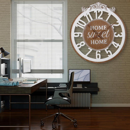 Wall Clock Large- Farmhouse Wall Clock 24 Inch Decorative Engraved Numerals Rustic Wooden Wall Clocks, Big Wall Watch Silent Battery Operated for Kitchen Bedroom Living Room Fireplace Mantel