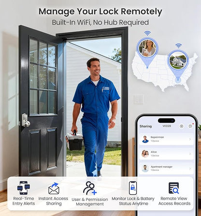 Veise VE028 Built-in Wi-Fi Smart Lock with Knob, Fingerprint Keyless Entry with Handle, App Remote & Voice Control, Electronic Digital Keypad for Front Door and Bedroom, IP65 Waterproof, Satin Nickel