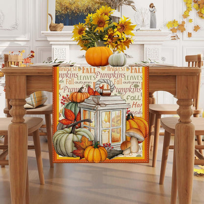Linen Fall Table Runner - 60 Inch Farmhouse Fall Leaves Pumpkin Decor for Autumn Thanksgiving Home Kitchen Dining Room