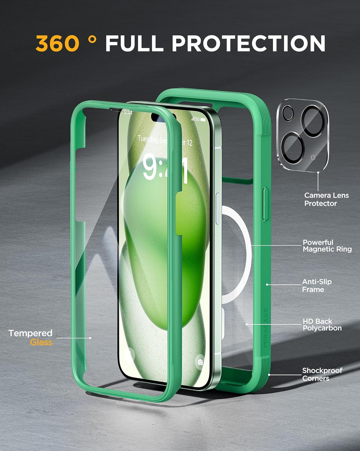 Miracase Magnetic for iPhone 15 Plus Case 6.7'' [Compatible with Magsafe] Full-Body Military Drop Proof 15 Plus Phone Case Cover with Built-in 9H Tempered Glass Screen Protector,Magnetic Green