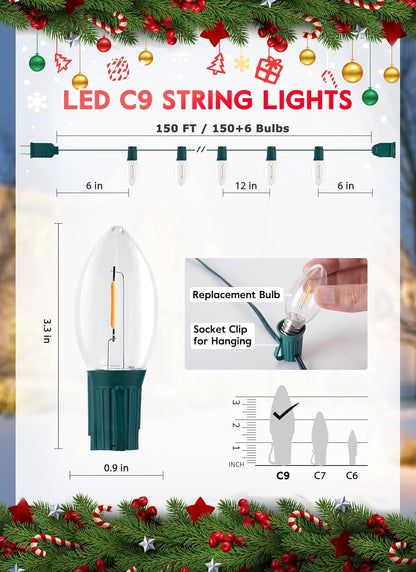 Vintage C9 Christmas Lights Outdoor, 150 Feet C9 String Lights with 150 LED C9 Plastic Bulbs, Waterproof Connectable Christmas Tree Lights for Roofline Garden Patio Backyard Cafe Decor, Warm White