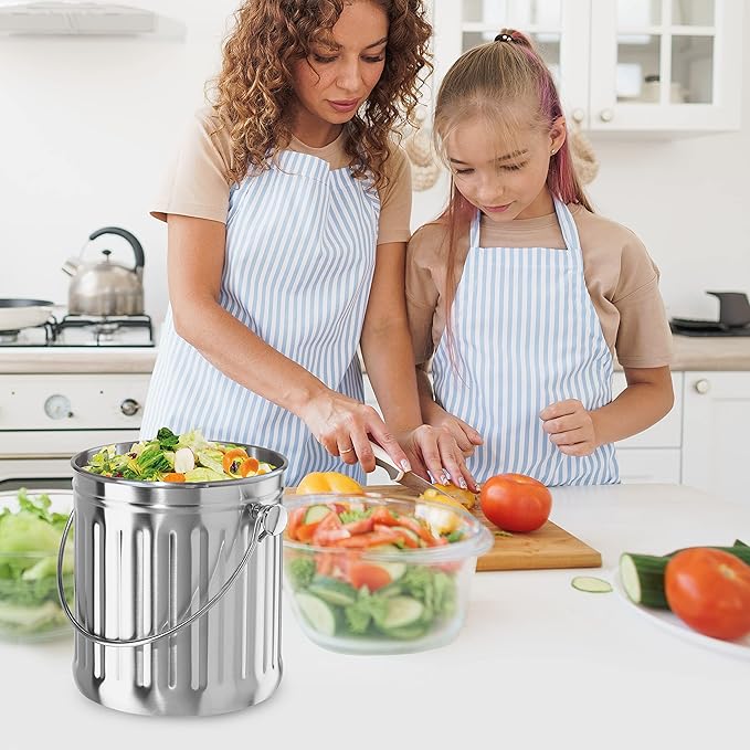OGGI Countertop Compost Bin with Lid-1 Gallon Indoor Compost Bin w/Charcoal Filter, Stainless Steel Compost Container, Ideal Kitchen Compost Pail, Eco Friendly Products