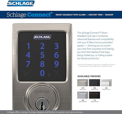 SCHLAGE BE469ZP CEN 625 Connect Smart Deadbolt with alarm with Century Trim in Bright Chrome, Z-Wave Plus enabled, 3 x 8 x 2 inches