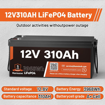 12V 310Ah LiFePO4 Lithium Battery – Max. 3968Wh Solar/RV/Off-Grid Power,15000+ Deep Cycles, 100A BMS,Low-Temp Protection,A+ Grade Cells for Marine, Trolling Motor, Home Energy Storage (1 Pack)