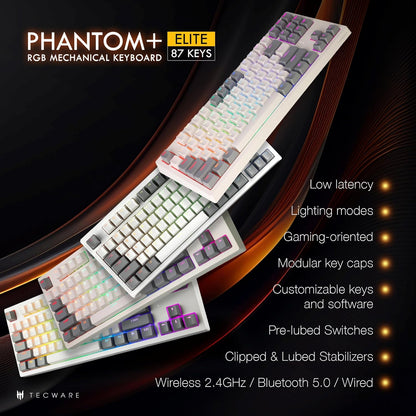 TECWARE Phantom+ Elite 87 Key RGB Mechanical Gaming Keyboard, LED Backlit, Universal Hot-Swap, Wired and Wireless, 3 Mode Connectivity, Thocky Sounding, White Elite Wraith Brown