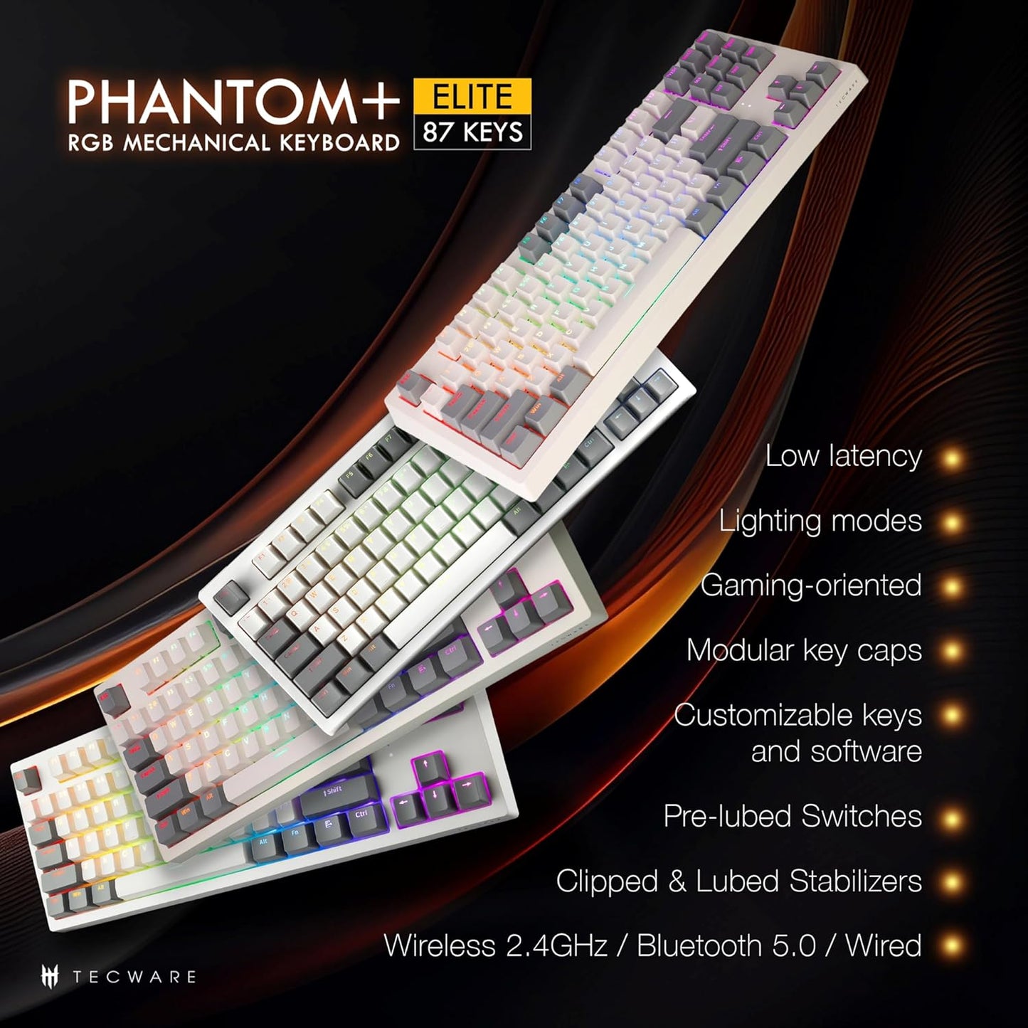 TECWARE Phantom+ Elite 87 Key RGB Mechanical Gaming Keyboard, LED Backlit, Universal Hot-Swap, Wired and Wireless, 3 Mode Connectivity, Thocky Sounding, White Elite Wraith Orange