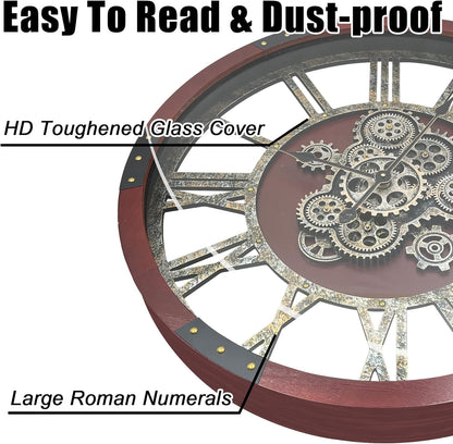 DORBOKER 30" Original Moving Gears Wall Clock, Large Industrial Wall Clock for Living Room Decor, Retro Wood Vintage Farmhouse Steampunk Rustic Clocks for Wall Decor,Red Walnut Wood