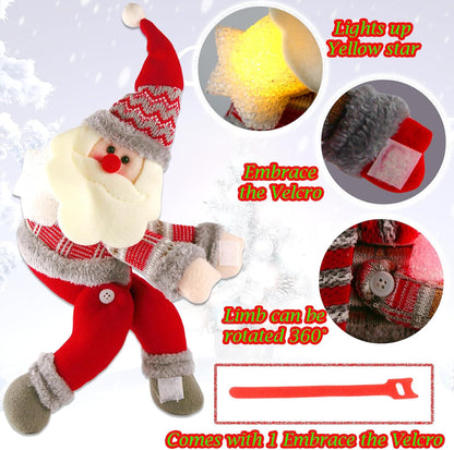 Christmas Plush Santa Claus Tree Topper with Light-up Yellow Star,Xmas Treetop Ornament-Also Be Used As Home Curtain Tie and Hugger Wine Bottle Party Decorations