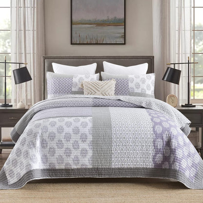 PANGUSHAN Quilt Set Queen Size, 100% Cotton Bedspread Quilt Bedding Set, Patchwork Reversible Floral Quilt for Queen Bed, Purple/Grey/White Bed Spread, Lightweight Comforter for All Season, 3 Pieces