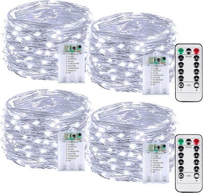 4 Pack 60LED Battery Operated Fairy Lights with Remote, 8 Modes LED String Lights with Timer, Dimmable, Memory Function, Waterproof Twinkle Fairy Lights for Outdoor Indoor Christmas Decor(Cool White)