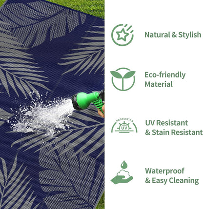 GENIMO Outdoor Rug 8' x 10' Waterproof for Patios Clearance, Reversible Outdoor Plastic Straw Camping Rug Carpet, Large Area Rugs Mats for RV, Camper, Deck, Balcony, Porch, Beach, Navy Blue&Grey