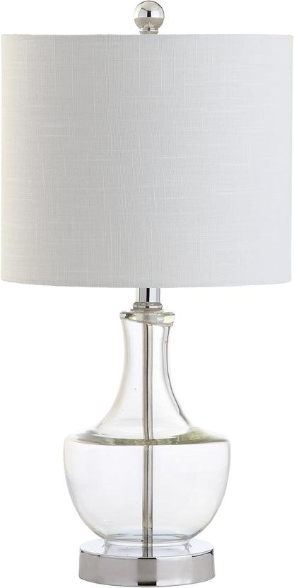 JONATHAN Y 20" Clear Glass Mini Table Lamp, Modern Bedside Lamp for Bedroom, White Linen Drum Shade, Teardrop Glass Base, LED Bulb Included, UL Listed JYL1029A