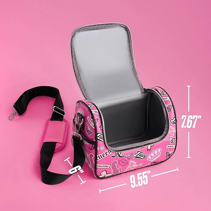 Juicy Couture Insulated Lunch Bag – Stylish Cooler Tote with Adjustable Crossbody Strap, Hot Pink Printed Stickers – Women's Lunch Box Bag for Work, School, Travel