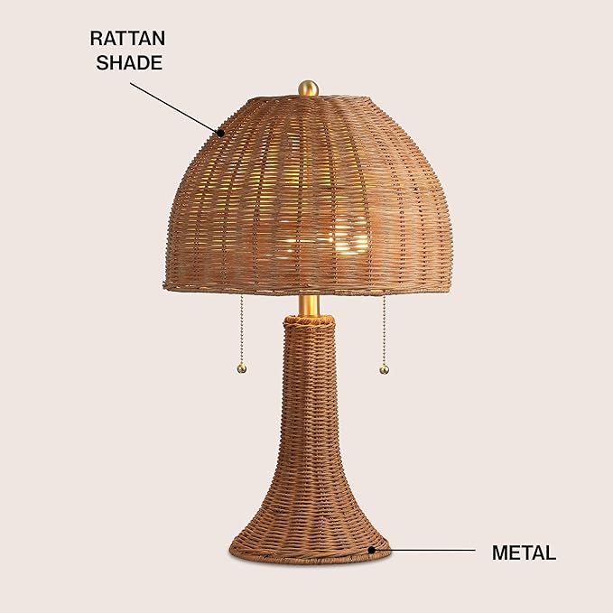 JONATHAN Y 22" Dark Brown/Brass Gold Bohemian Rustic LED Table Lamp for Bedroom, Natural Rattan Shade, Farmhouse Coastal Nightstand Lamp for Living Room, LED Bulbs Included (JYL4040C)