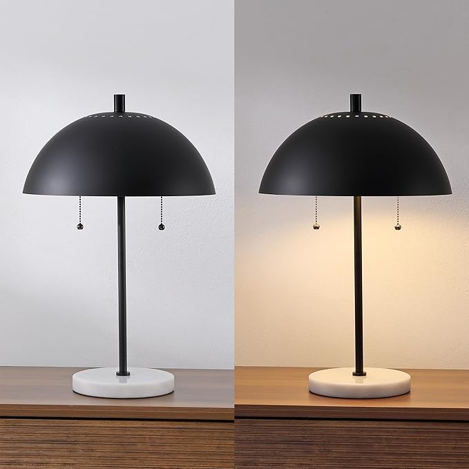 JONATHAN Y 20.75" Black/White Marble 2-Light LED Table Lamp for Modern Bedside Decor, Glam Desk Lamp, Gold Metal Dome Shade, Pull Chain Switch, Bulbs Included (JYL1071B)