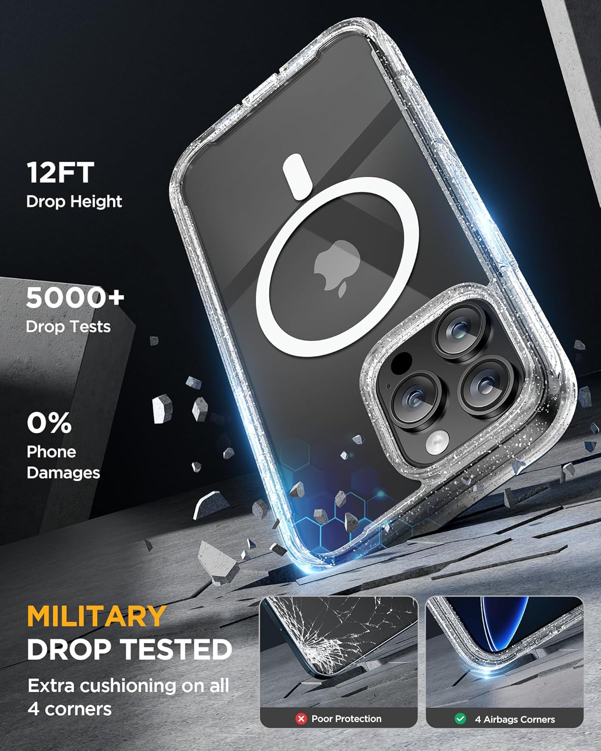 Miracase Magnetic for iPhone 16 Pro Case Full-Body Phone with Built-in Glass Screen Protector, [Compatible with MagSafe] Military Drop Proof 16 Pro Cover Bumper 6.3 inch, Clear Glitter